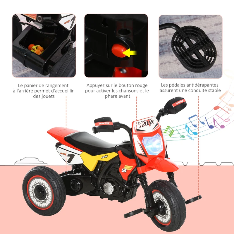 Tricycle moto cross évolutif enfant 71 x 40 x 51 cm musique et lumières coffre de rangement décoratif stable en PP rouge 21_0000453