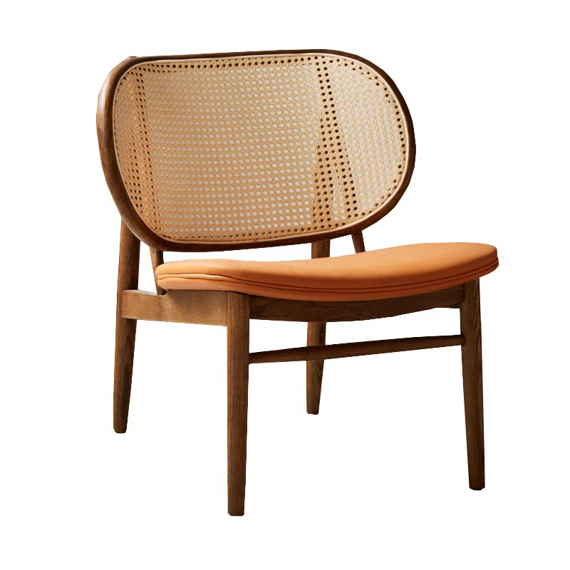 Traditional Rustic Arc Ash Wood Microfiber Leather Faux Rattan Weaving Accent Chair Backrest Armless For Living Room & Bedroom