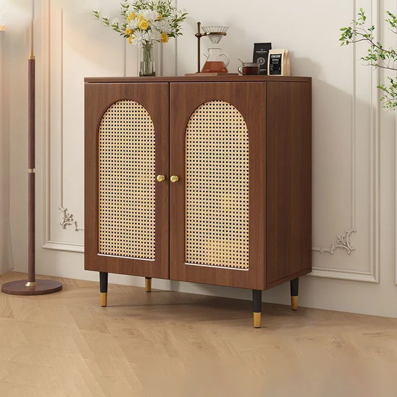 Traditional Rustic Rectangular Particle Board MDF Glass Faux Rattan Weaving Large Capacity Storage Cabinet 3-Tier For Living Room