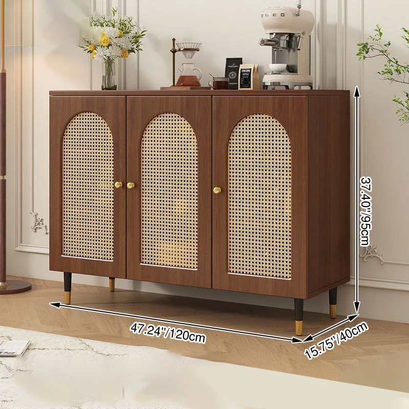 Traditional Rustic Rectangular Particle Board MDF Glass Faux Rattan Weaving Large Capacity Storage Cabinet 3-Tier For Living Room