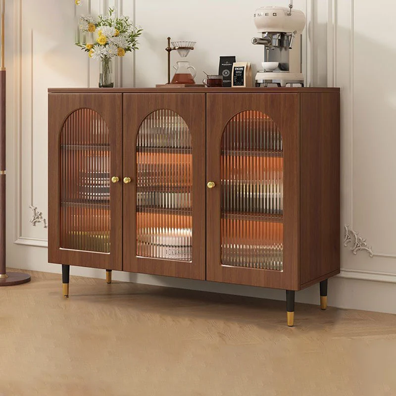 Traditional Rustic Rectangular Particle Board MDF Glass Faux Rattan Weaving Large Capacity Storage Cabinet 3-Tier For Living Room