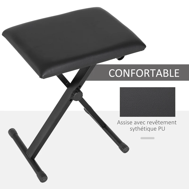 Tabouret de piano 39 x 29 x 37-47 cm réglable en hauteur pliable et design épuré salon finition mate cosy en PU noir 21_0001735