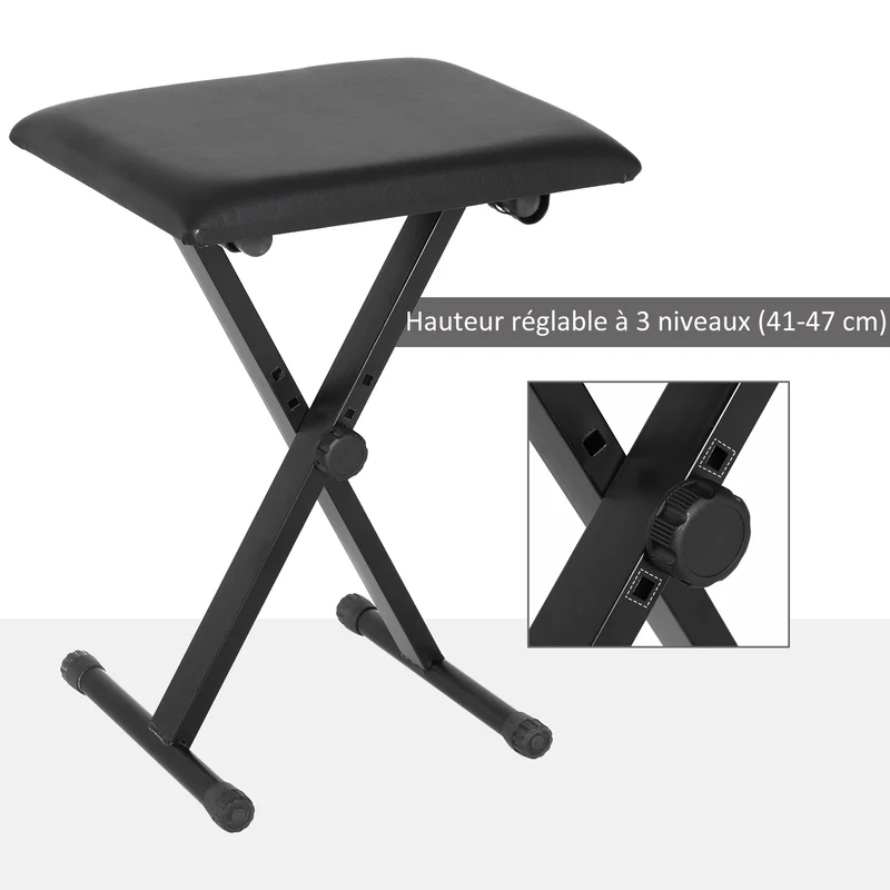 Tabouret de piano 39 x 29 x 37-47 cm réglable en hauteur pliable et design épuré salon finition mate cosy en PU noir 21_0001735