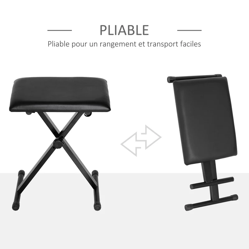 Tabouret de piano 39 x 29 x 37-47 cm réglable en hauteur pliable et design épuré salon finition mate cosy en PU noir 21_0001735