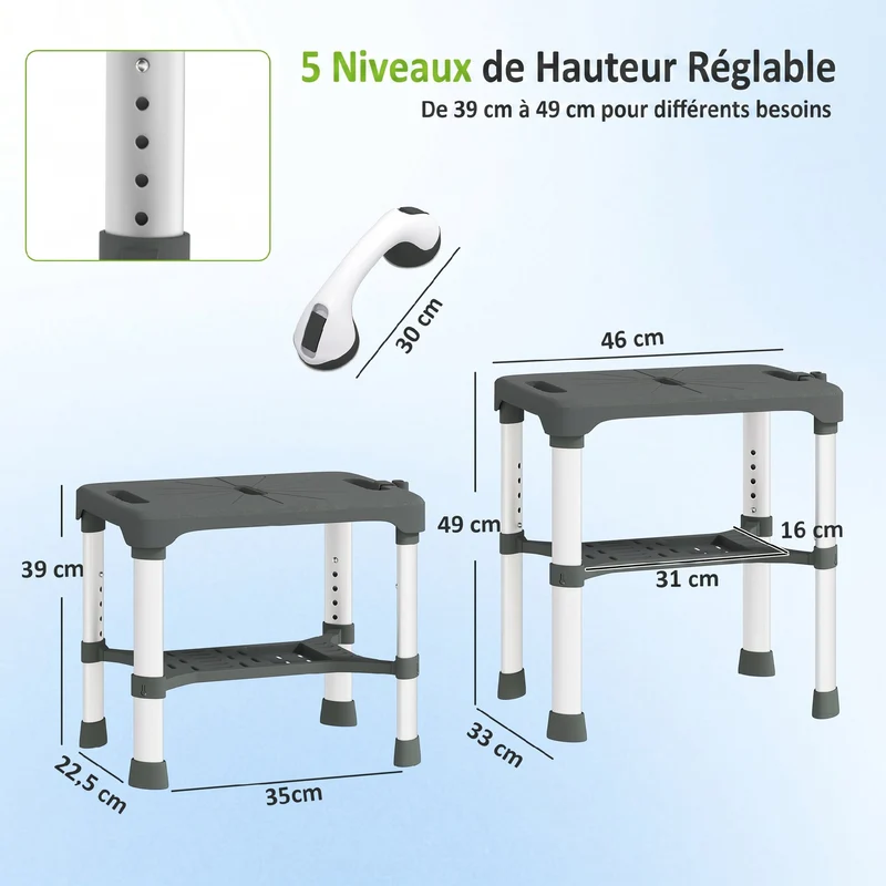 Tabouret de douche 46 x 33 x 39-49 cm hauteur réglable étagère avec barre ventouse épuré contemporain en aluminium gris 21_0000855