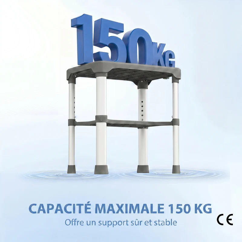 Tabouret de douche 46 x 33 x 39-49 cm hauteur réglable étagère avec barre ventouse épuré contemporain en aluminium gris 21_0000855