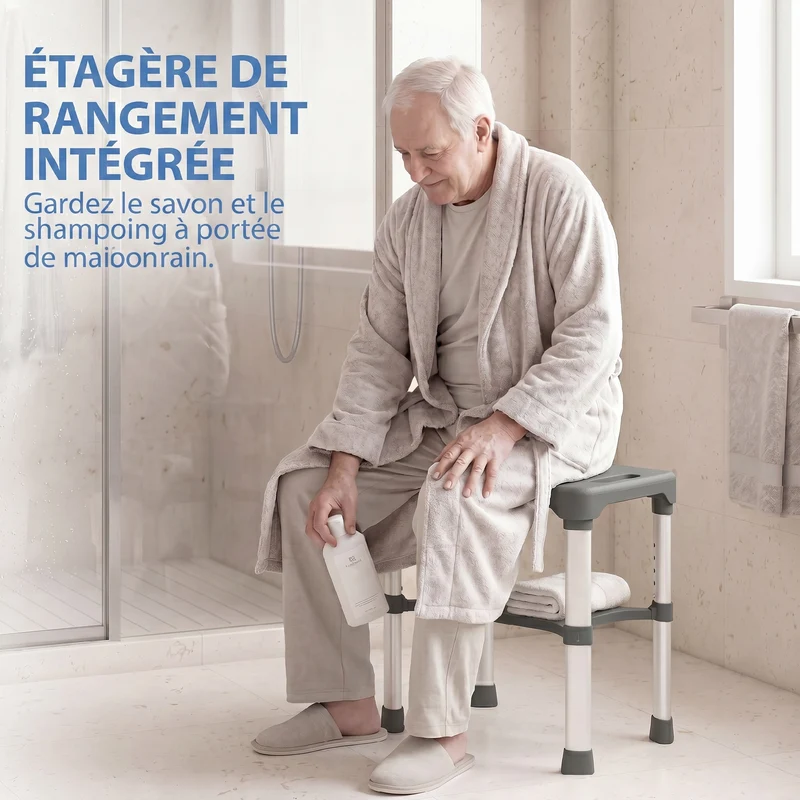 Tabouret de douche 46 x 33 x 39-49 cm hauteur réglable étagère avec barre ventouse épuré contemporain en aluminium gris 21_0000855