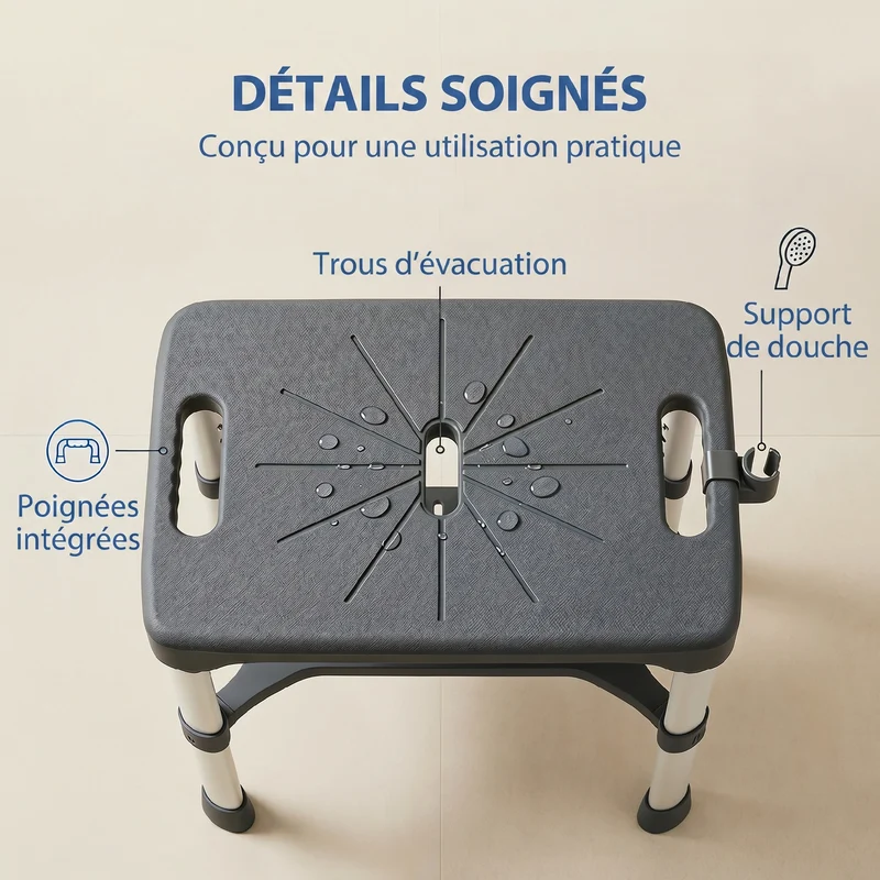 Tabouret de douche 46 x 33 x 39-49 cm hauteur réglable étagère avec barre ventouse épuré contemporain en aluminium gris 21_0000855
