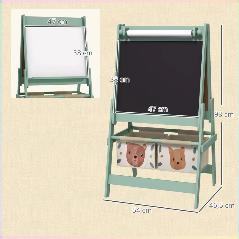 Tableau chevalet enfant 54 x 46,5 x 93 cm 3 en 1 ardoise double face rouleau 2 paniers rangement moderne en bois vert 21_0000703
