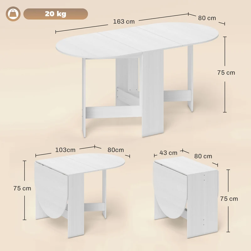 Table à manger pliante ovale 163 x 80 x 75 cm pour 6 personnes surface mélaminée moderne en panneau de particules blanc 21_0003242
