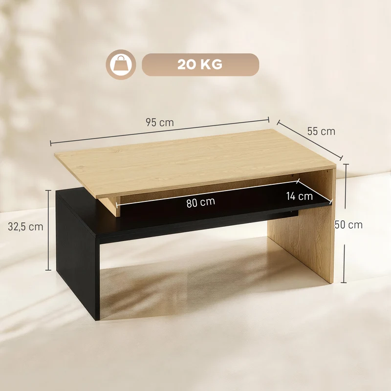 Table basse rectangulaire salon 95 x 55 x 50 cm étagère de rangement pratique gain de place moderne design en MDF noir 21_0003662