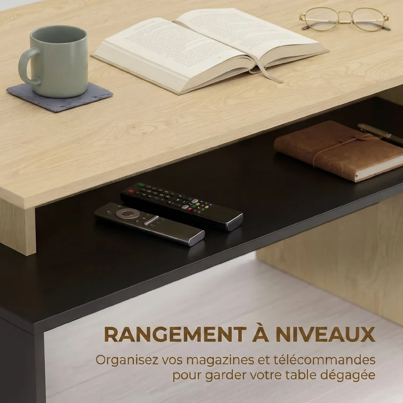 Table basse rectangulaire salon 95 x 55 x 50 cm étagère de rangement pratique gain de place moderne design en MDF noir 21_0003662
