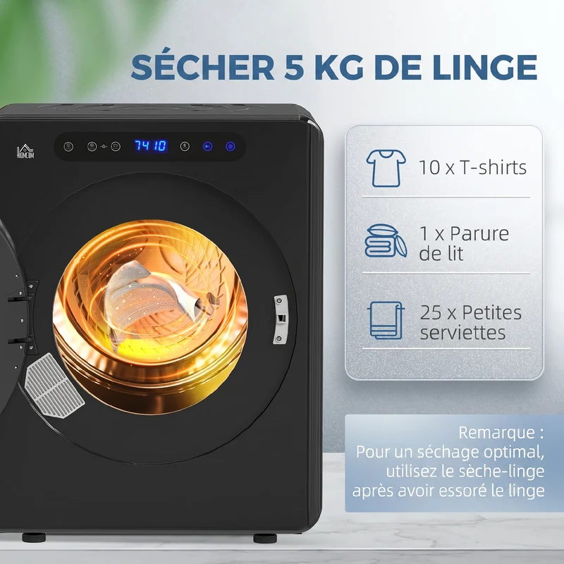 Sèche-linge à évacuation 49 x 43 x 61 cm séchage rapide anti-froissage inversé moderne épuré en acier inoxydable noir 21_0007090
