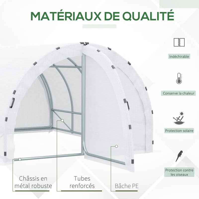 Serre de jardin tunnel 4 x 3 x 2 m protection uv et aération optimale style contemporain épuré en acier galvanisé blanc 21_0004060