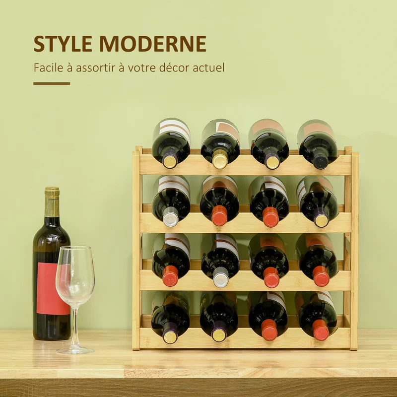 Range-bouteilles casier à vin 43 x 23,5 x 38 cm 16 bouteilles gain de place style scandinave en bambou bois naturel 21_0001030