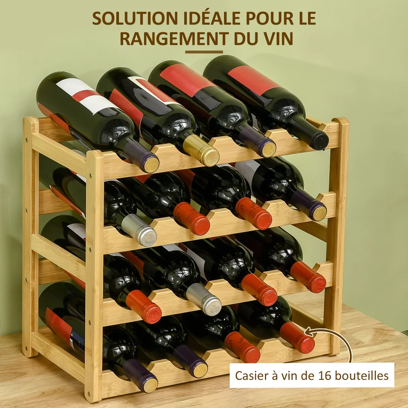 Range-bouteilles casier à vin 43 x 23,5 x 38 cm 16 bouteilles gain de place style scandinave en bambou bois naturel 21_0001030