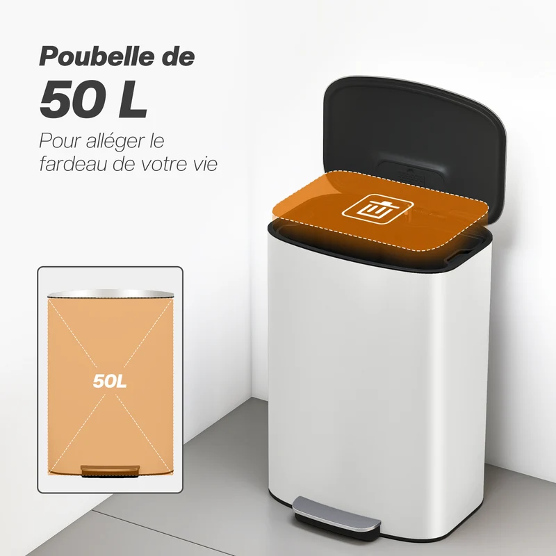 Poubelle de cuisine à pédale 45 x 37 x 63 cm seau amovible fermeture douce minimaliste épuré en acier inoxydable crème 21_0005935