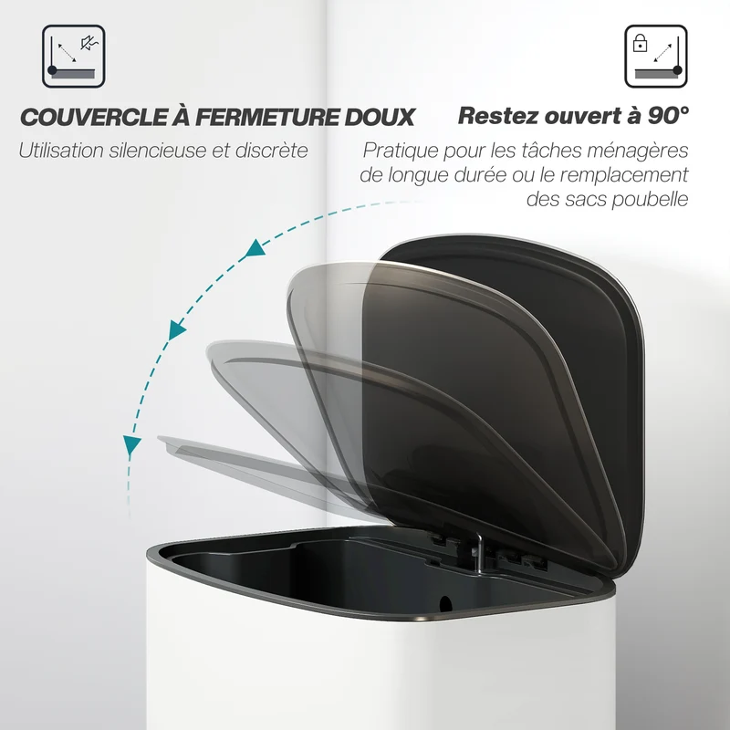 Poubelle de cuisine à pédale 45 x 37 x 63 cm seau amovible fermeture douce minimaliste épuré en acier inoxydable crème 21_0005935