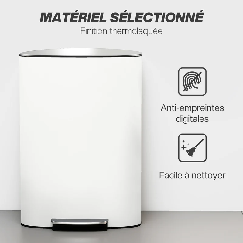 Poubelle de cuisine à pédale 45 x 37 x 63 cm seau amovible fermeture douce minimaliste épuré en acier inoxydable crème 21_0005935