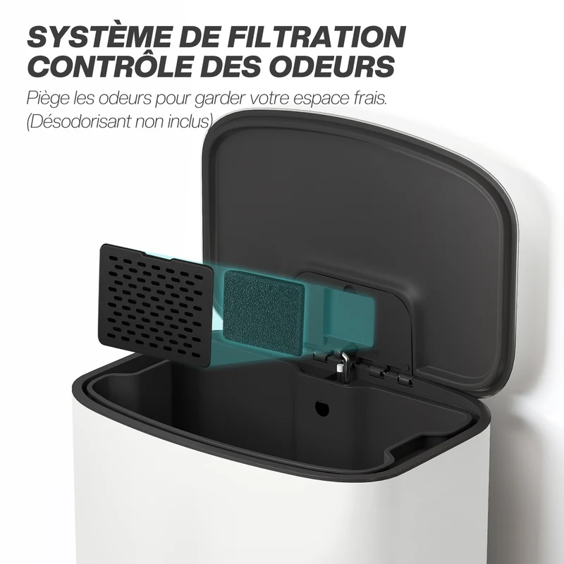 Poubelle de cuisine à pédale 45 x 37 x 63 cm seau amovible fermeture douce minimaliste épuré en acier inoxydable crème 21_0005935