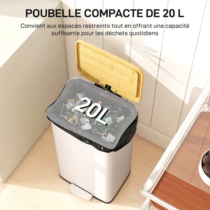 Poubelle de cuisine à pédale 29.5 x 29.5 x 56.8 cm fermeture douce seau amovible style moderne compacte en métal blanc 21_0005941