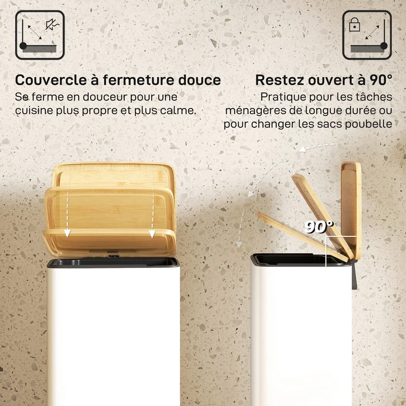 Poubelle de cuisine à pédale 29.5 x 29.5 x 56.8 cm fermeture douce seau amovible style moderne compacte en métal blanc 21_0005941