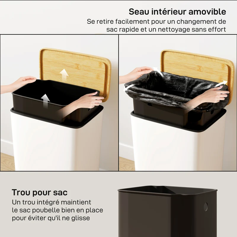 Poubelle de cuisine à pédale 29.5 x 29.5 x 56.8 cm fermeture douce seau amovible style moderne compacte en métal blanc 21_0005941