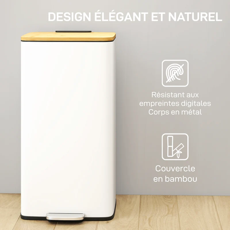 Poubelle de cuisine à pédale 29.5 x 29.5 x 56.8 cm fermeture douce seau amovible style moderne compacte en métal blanc 21_0005941