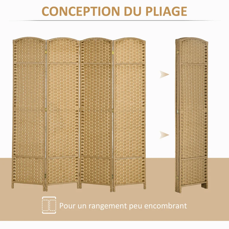 Paravent intérieur 4 panneaux pliable séparation 160 x 1,6 x 170 cm intimité style scandinave salon en bois naturel 21_0001323