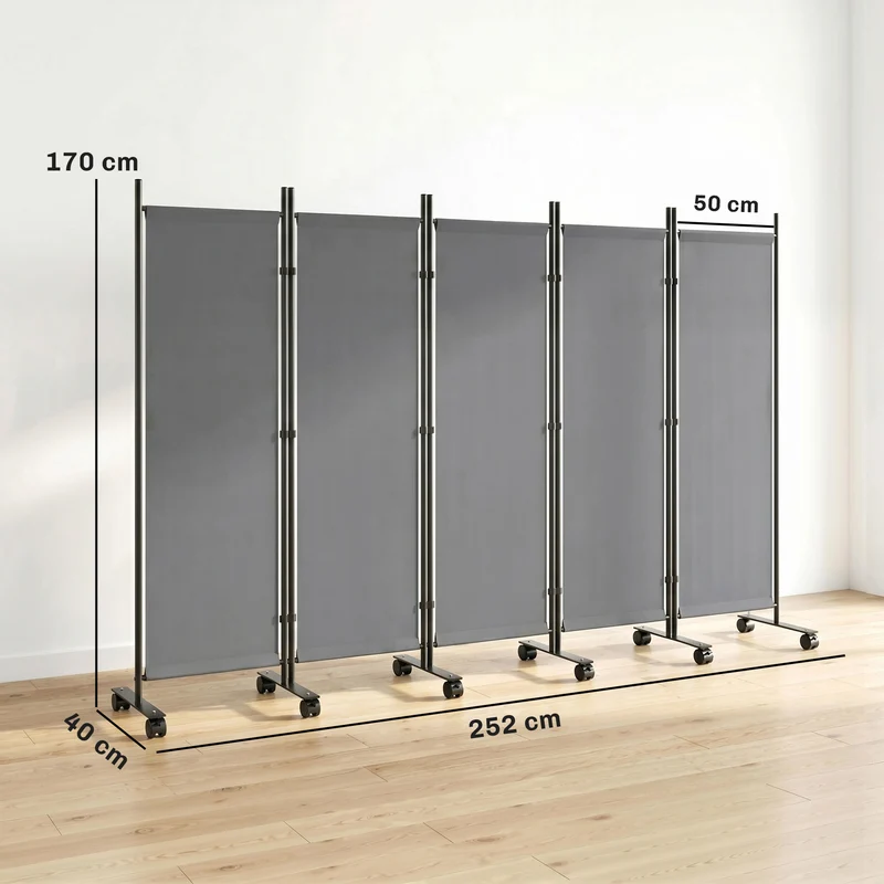 Paravent 5 panneaux 252 x 40 x 170 cm avec 12 roulettes autoportant pour salon bureau design épuré en acier gris foncé 21_0005696