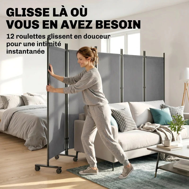 Paravent 5 panneaux 252 x 40 x 170 cm avec 12 roulettes autoportant pour salon bureau design épuré en acier gris foncé 21_0005696