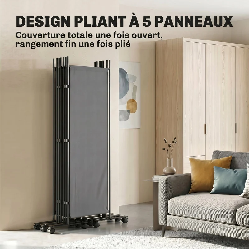 Paravent 5 panneaux 252 x 40 x 170 cm avec 12 roulettes autoportant pour salon bureau design épuré en acier gris foncé 21_0005696