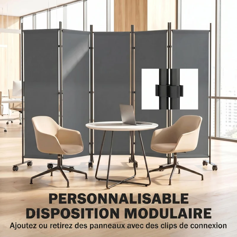 Paravent 5 panneaux 252 x 40 x 170 cm avec 12 roulettes autoportant pour salon bureau design épuré en acier gris foncé 21_0005696