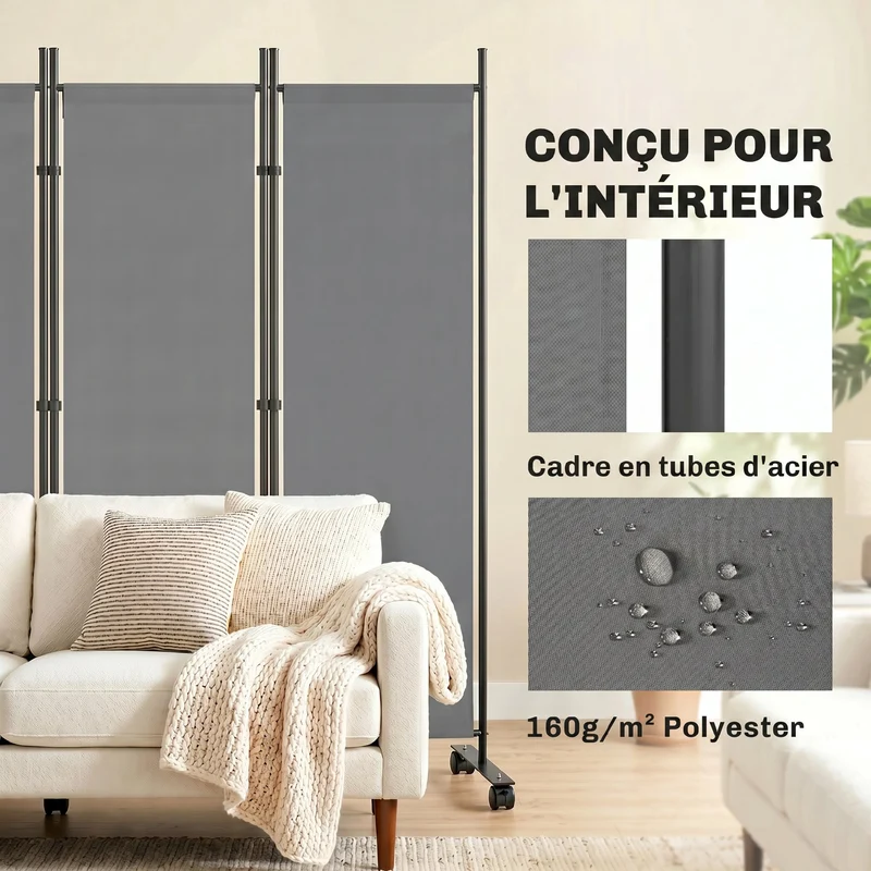 Paravent 5 panneaux 252 x 40 x 170 cm avec 12 roulettes autoportant pour salon bureau design épuré en acier gris foncé 21_0005696