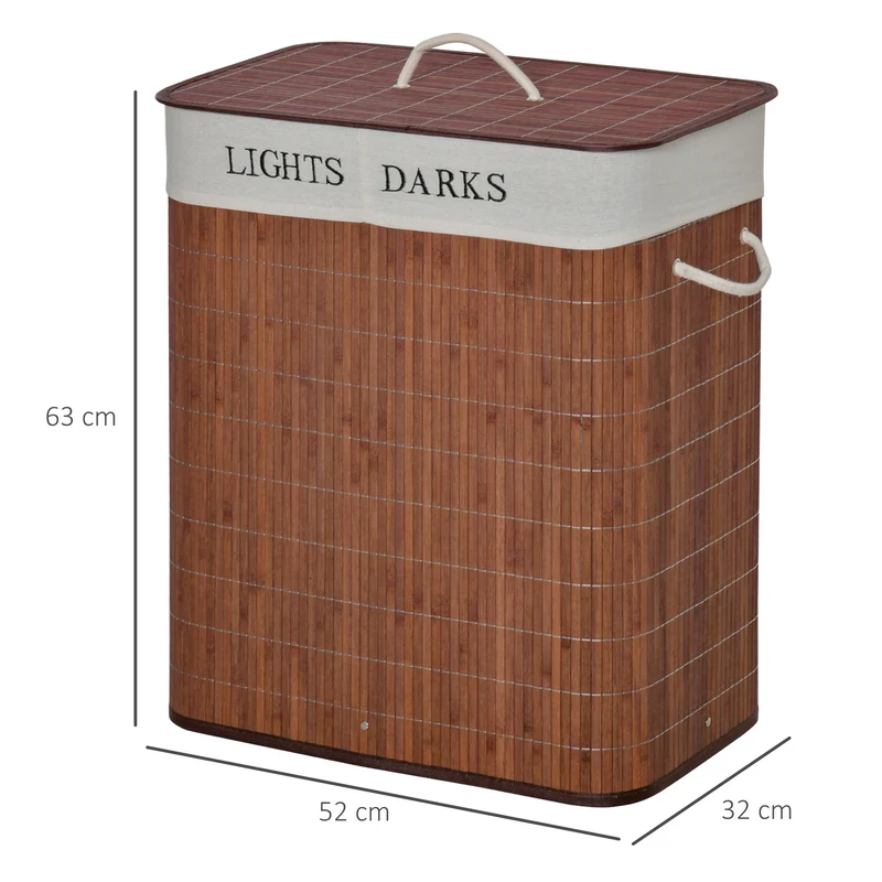 Panier à linge 2 bacs 52 x 32 x 63 cm sac amovible lavable poignées pliable scandinave minimaliste en bambou marron 21_0005783