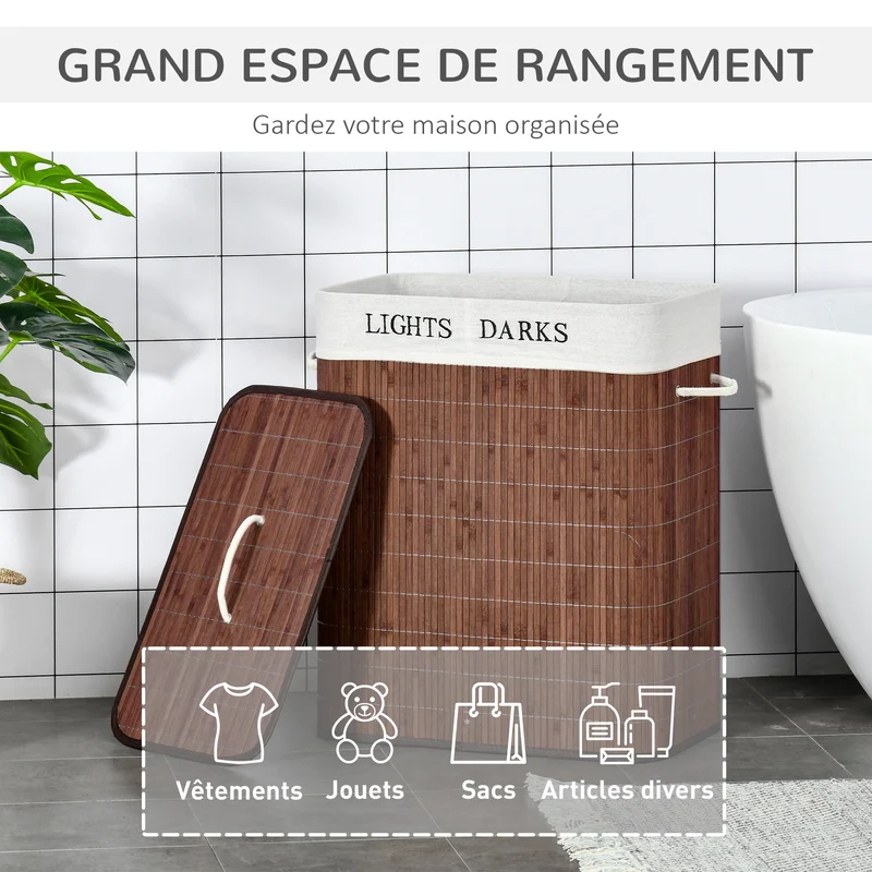Panier à linge 2 bacs 52 x 32 x 63 cm sac amovible lavable poignées pliable scandinave minimaliste en bambou marron 21_0005783