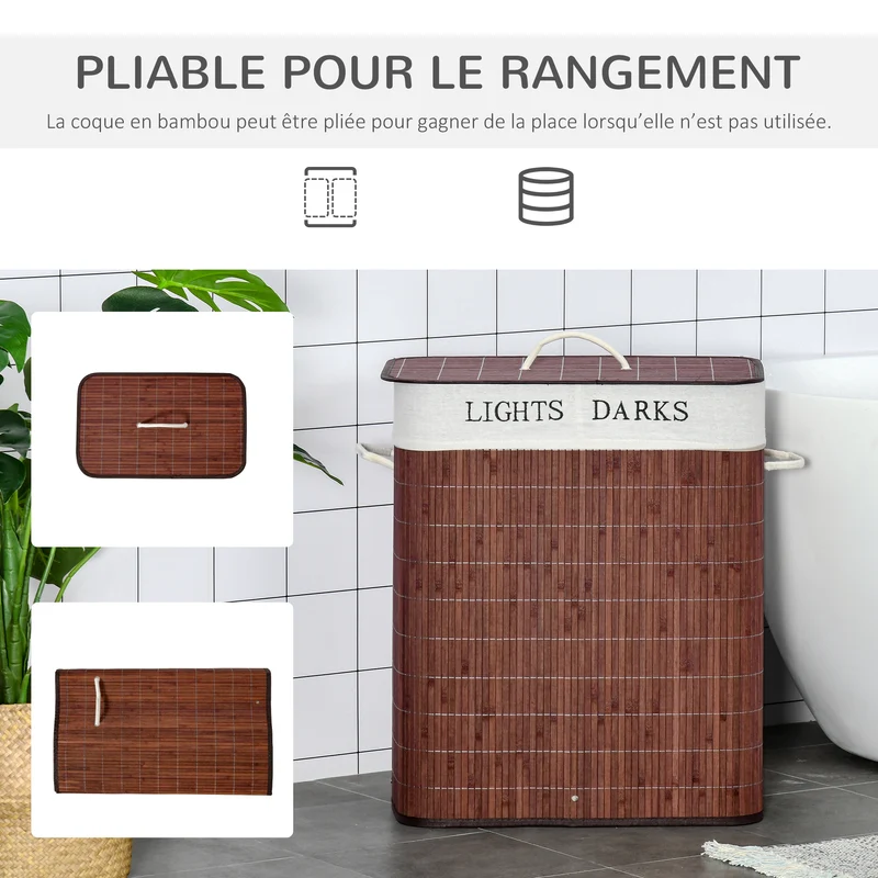 Panier à linge 2 bacs 52 x 32 x 63 cm sac amovible lavable poignées pliable scandinave minimaliste en bambou marron 21_0005783
