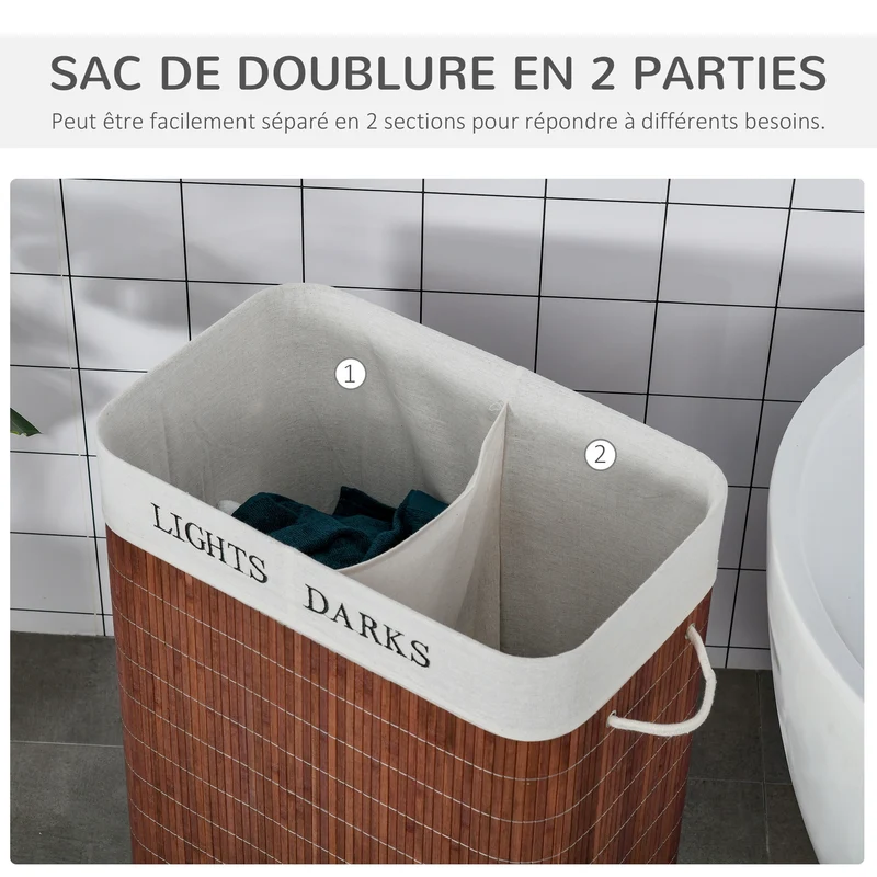 Panier à linge 2 bacs 52 x 32 x 63 cm sac amovible lavable poignées pliable scandinave minimaliste en bambou marron 21_0005783