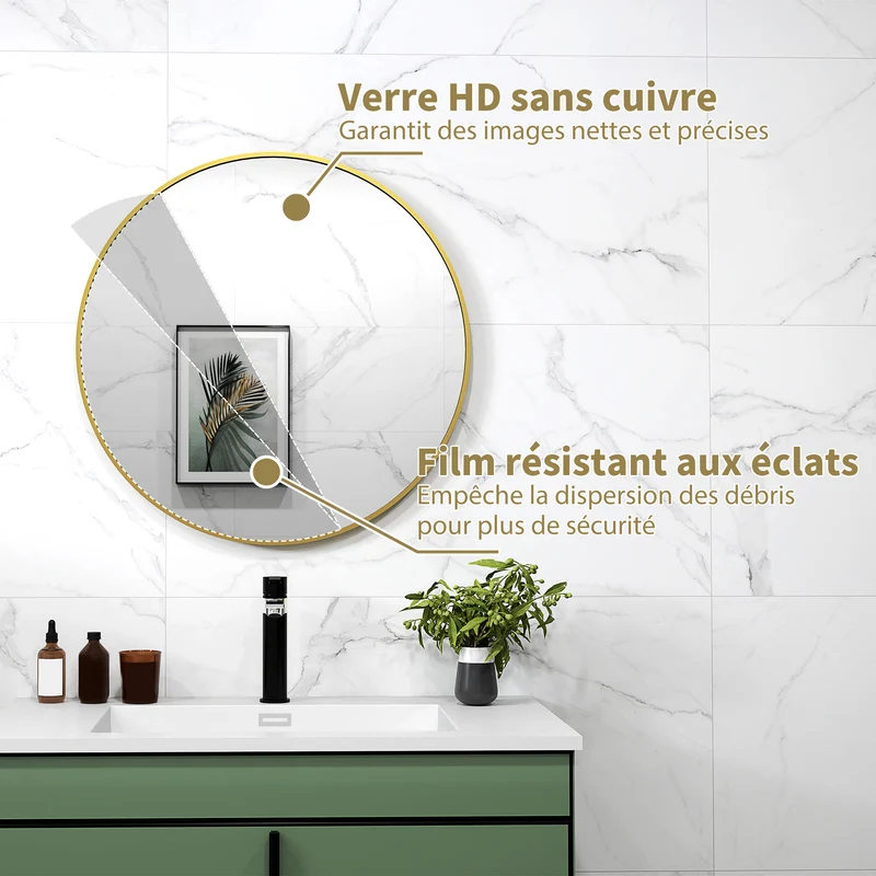 Miroir rond salle de bain 70 x 2,5 cm verre trempé anti brisure montage facile style contemporain épuré en verre or 21_0002066