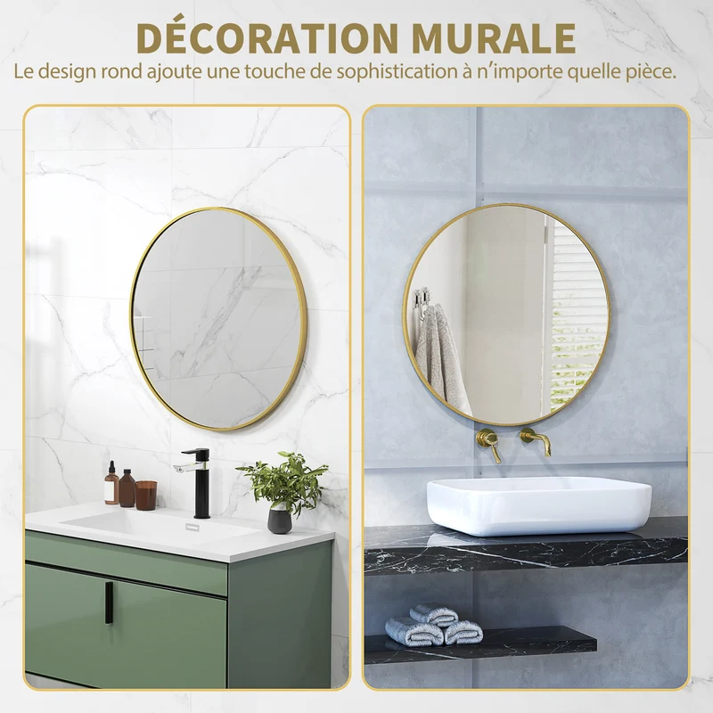 Miroir rond salle de bain 70 x 2,5 cm verre trempé anti brisure montage facile style contemporain épuré en verre or 21_0002066