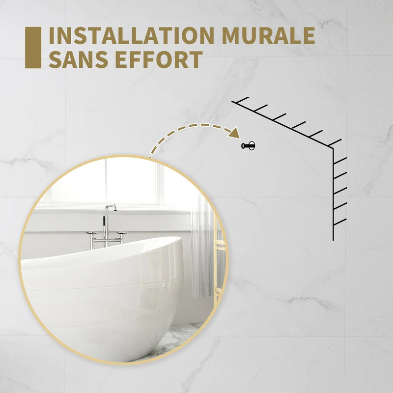Miroir rond salle de bain 70 x 2,5 cm verre trempé anti brisure montage facile style contemporain épuré en verre or 21_0002066