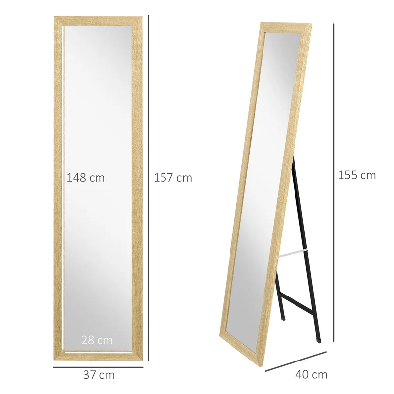 Miroir rectangulaire mural ou à poser 37 x 157 x 3 cm pied inclinable fixation murale style scandinave en MDF naturel 21_0001574
