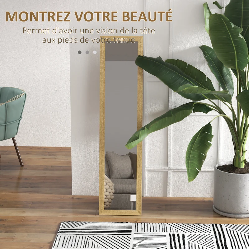 Miroir rectangulaire mural ou à poser 37 x 157 x 3 cm pied inclinable fixation murale style scandinave en MDF naturel 21_0001574