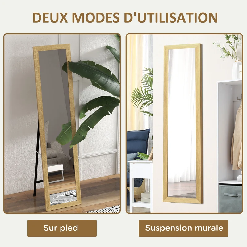 Miroir rectangulaire mural ou à poser 37 x 157 x 3 cm pied inclinable fixation murale style scandinave en MDF naturel 21_0001574