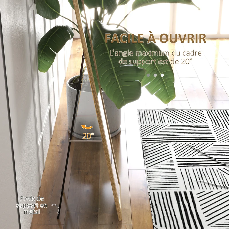 Miroir rectangulaire mural ou à poser 37 x 157 x 3 cm pied inclinable fixation murale style scandinave en MDF naturel 21_0001574