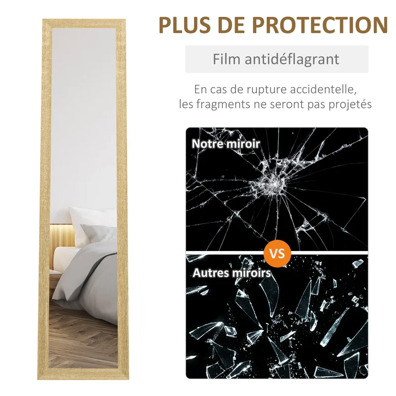 Miroir rectangulaire mural ou à poser 37 x 157 x 3 cm pied inclinable fixation murale style scandinave en MDF naturel 21_0001574