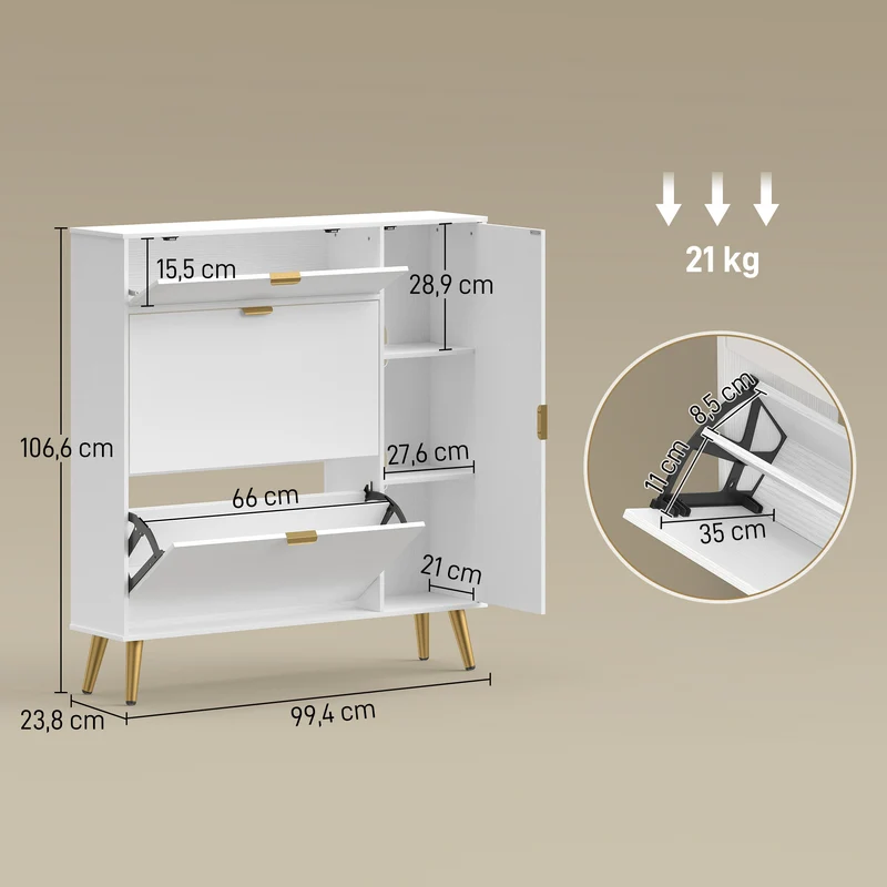 Meuble à chaussures mince 99,4 x 23,8 x 106,6 cm rangement 12 paires tiroirs rabattables style contemporain en MDF blanc 21_0002812