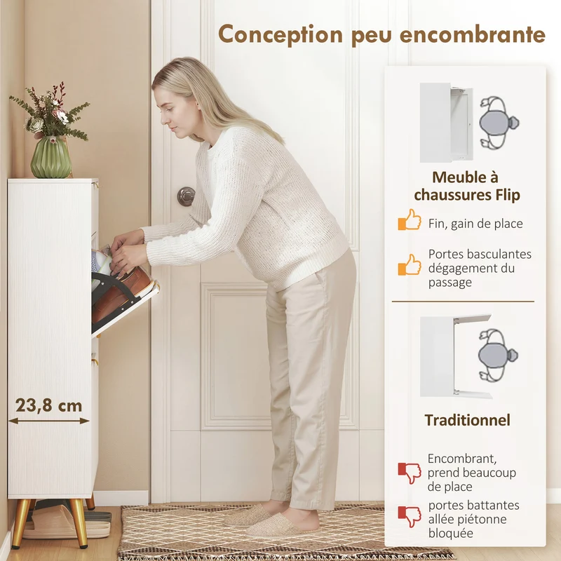 Meuble à chaussures mince 99,4 x 23,8 x 106,6 cm rangement 12 paires tiroirs rabattables style contemporain en MDF blanc 21_0002812