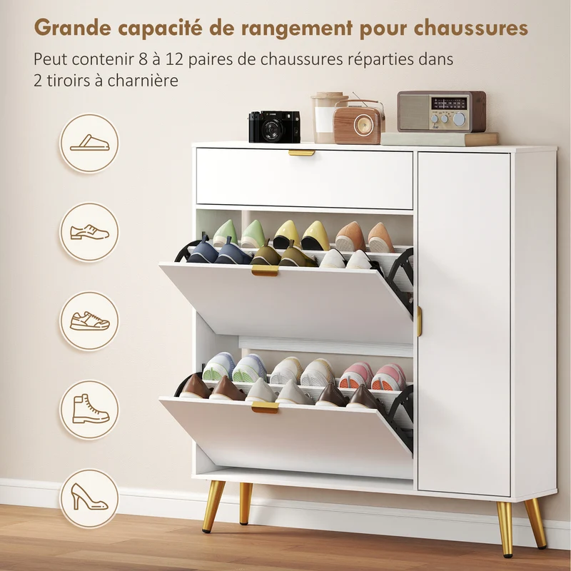 Meuble à chaussures mince 99,4 x 23,8 x 106,6 cm rangement 12 paires tiroirs rabattables style contemporain en MDF blanc 21_0002812
