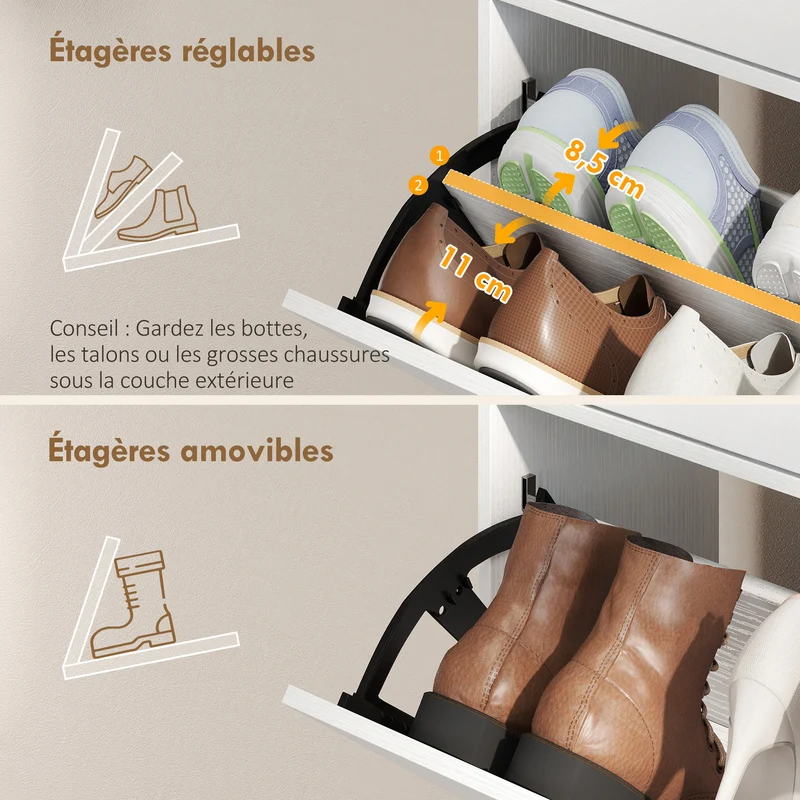 Meuble à chaussures mince 99,4 x 23,8 x 106,6 cm rangement 12 paires tiroirs rabattables style contemporain en MDF blanc 21_0002812